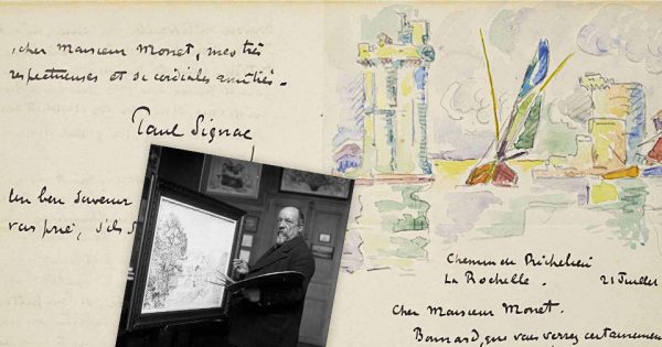Lettre autographe signée, Paul Signac à Claude Monet, 21 juillet 1920 (crayon et encre sur papier plié), / Collection privée / Photo © Christie’s Images / Bridgeman Images.