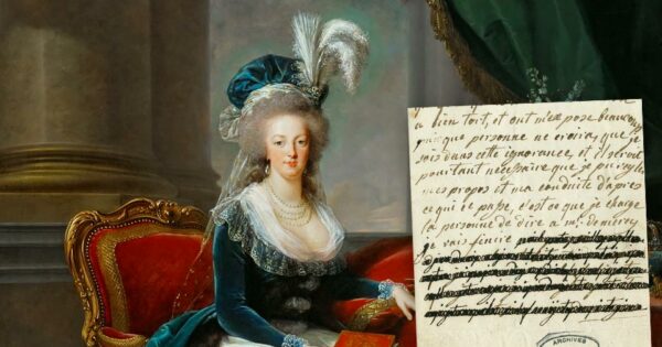 Elisabeth Louise Vigée-LeBrun - Reine Marie-Antoinette assise, en manteau bleu et robe blanche, tenant un livre à la main, 1788. Château de Versailles (L 3591). Lettre de Marie-Antoinette à Axel de Fersen, 4 janvier 1792. Archives Nationales.