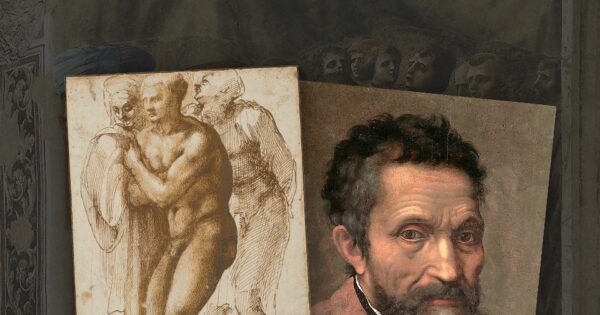 Michel-Ange Buonarroti (1475-1564) - Un jeune homme nu (d'après Masaccio) entouré de deux autres figures. Plume et encre brune. © Christie's. Portrait de Michel-Ange attribué à Daniele da Volterra, vers 1545. © Metropolitan Museum of Art.