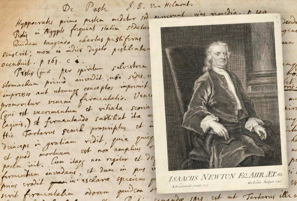 Manuscrit : Isaac Newton, manuscrit autographe sur la peste. © Bonhams. Gravure : Sir Isaac Newton par George Vertue.