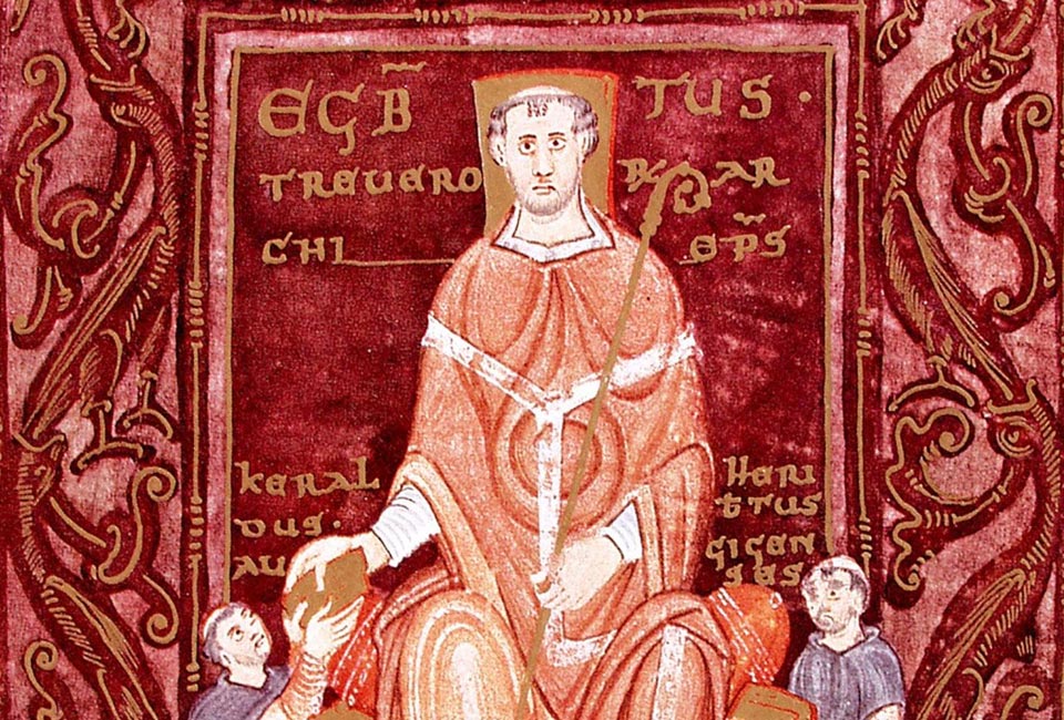Codex Egberti. L'archevêque Egroned reçoit le livre de deux moines de l'île de Reichenau. Stadtbibliothek Weberbach.