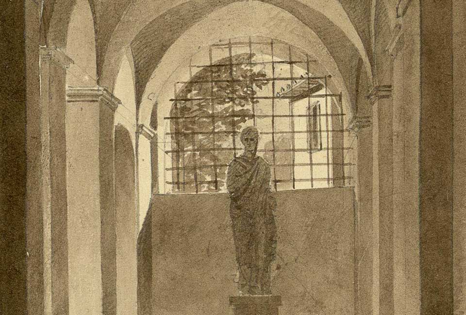 François Debret (1777-1850), Vestibule d'un petit palais (Rome). Institut national d'histoire de l'art - Collections de l'Ecole Nationale Supérieure des Beaux-Arts.