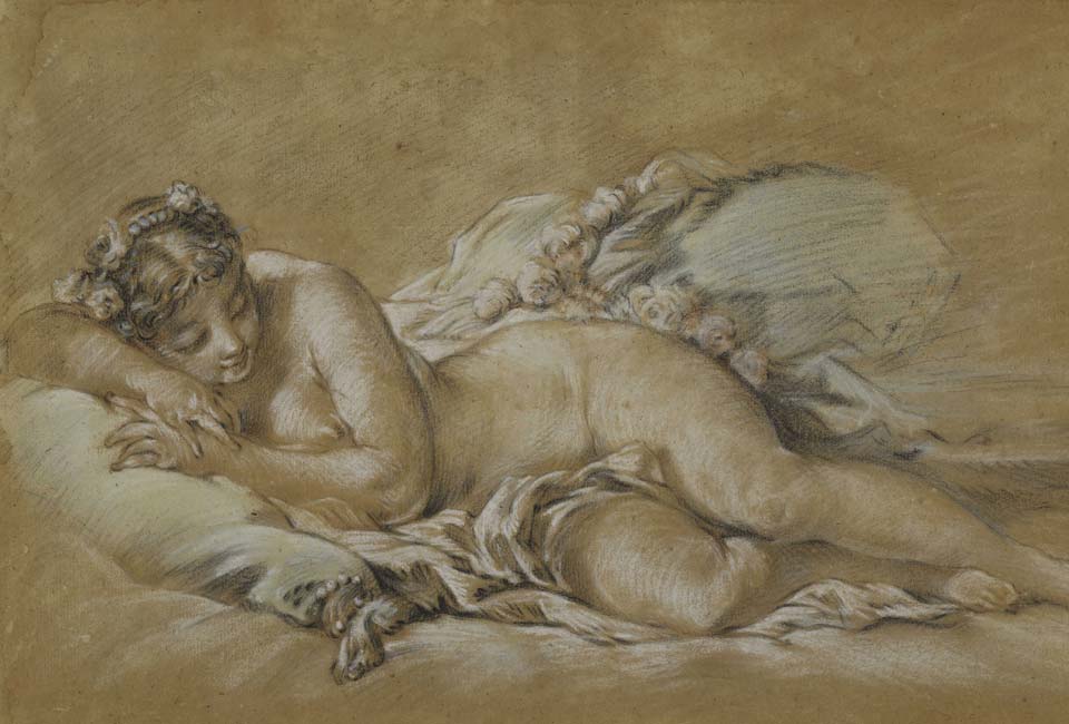 François Boucher, Jeune femme endormie, vers 1758-1760. Pierre noire, sanguine, rehauts de craie blanche et pastel sur papier brun. © Musée d’État des Beaux-Arts Pouchkine, Moscou.