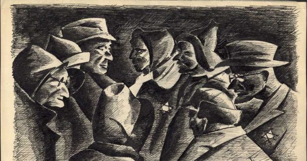 Peter Loewenstein, Eight Men in Coats with Stars, 1944. Don d'Herman et Gerda Korngold. © Museum of Jewish Heritage.