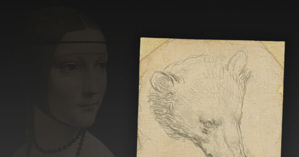 En fond, La Dame à l'hermine de Léonard de Vinci, Musée Czartoryski, musée national de Cracovie (MNK XII-209). Dessin : Tête d'ours par Léonard de Vinci. © Christie's, 2021.