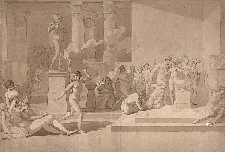 Pierre Peyron, étude pour Les jeunes Athéniens et les jeunes Athéniennes tirant au sort pour être livrés au Minotaure, figures nues. © SVV Millon