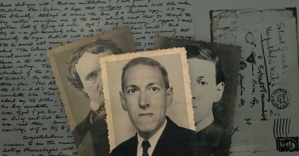 Première page d'une lettre de H. P. Lovecraft à E. Hoffmann Price, 18 novembre 1932. © Will Hart. Portrait de Lovecraft par Lucius B. Truesdell, Lovecraft en 1815 et portrait d'Edgar Allan Poe, vers 1849.