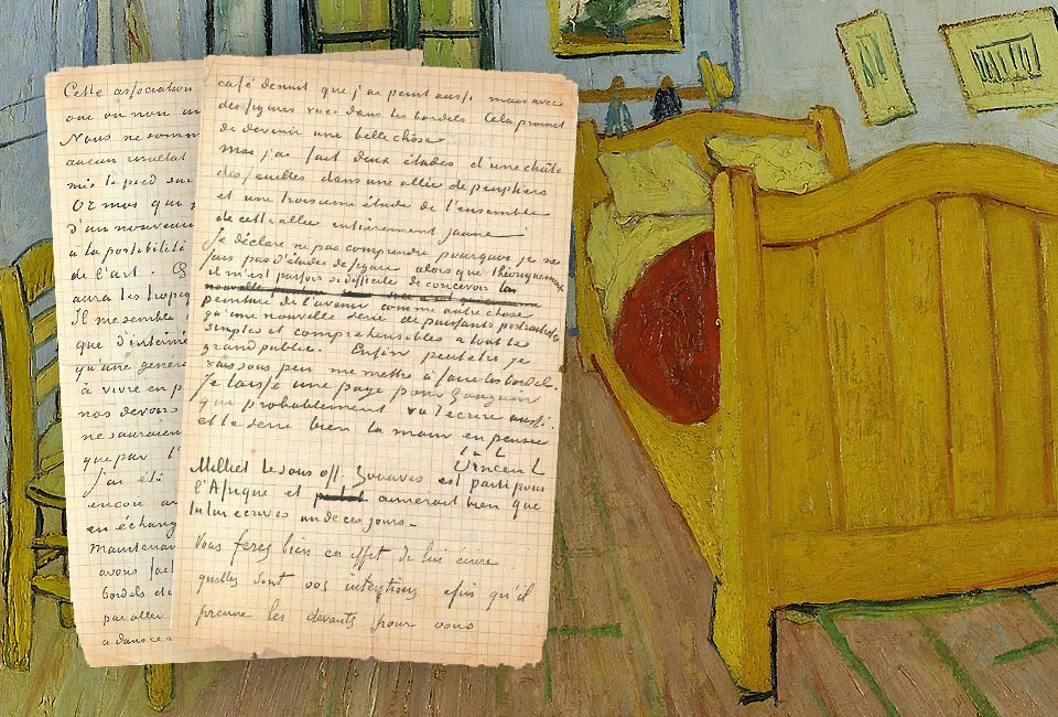 Vincent Van Gogh & Paul Gauguin, lettre autographe signée à Émile Bernard, Arles, 1er ou 2 novembre 1888. Photo : © Collections Aristophil. Vincent Van Gogh, La Chambre à Coucher. Musée Van Gogh (s0047V1962).