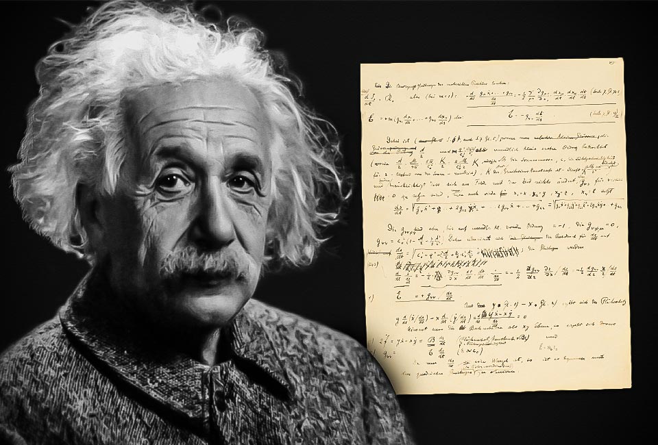 Portrait d'Albert Einstein. En fond, manuscrit Einstein-Besso. © Christie’s.